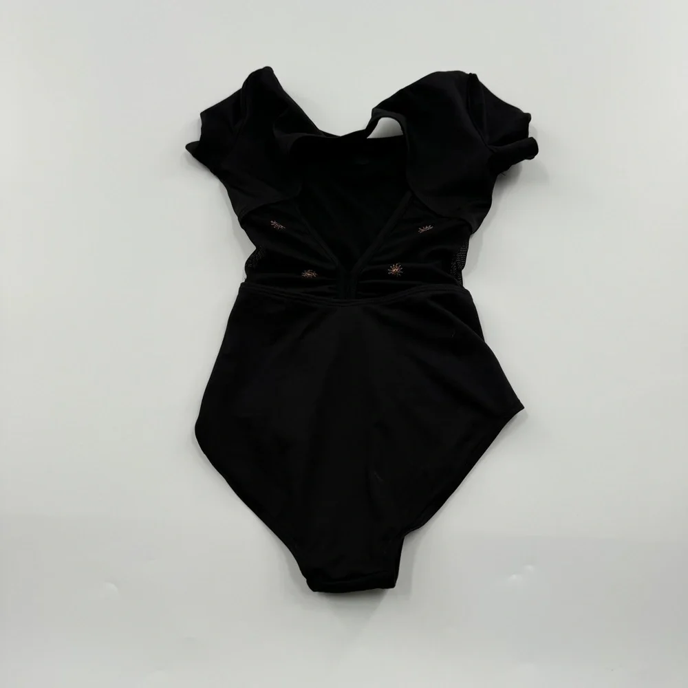 Bloch Kids Black Dance Leotard | Open Back Mesh Detail | Short Sleeve | Size 4–6